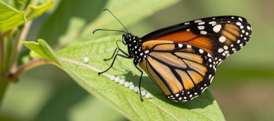 Mariposa monarca depositando pequeños huevos blancos en el envés de una hoja verde de algodoncillo.