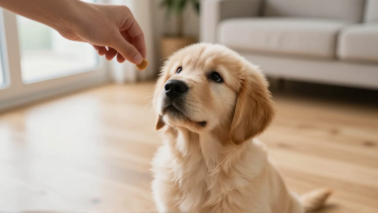 Cachorro de Golden Retriever mirando con atención hacia una mano que sostiene un premio en una sala iluminada.