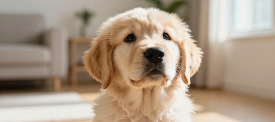 Cachorro de Golden Retriever mirando con curiosidad hacia arriba en una sala de estar luminosa.