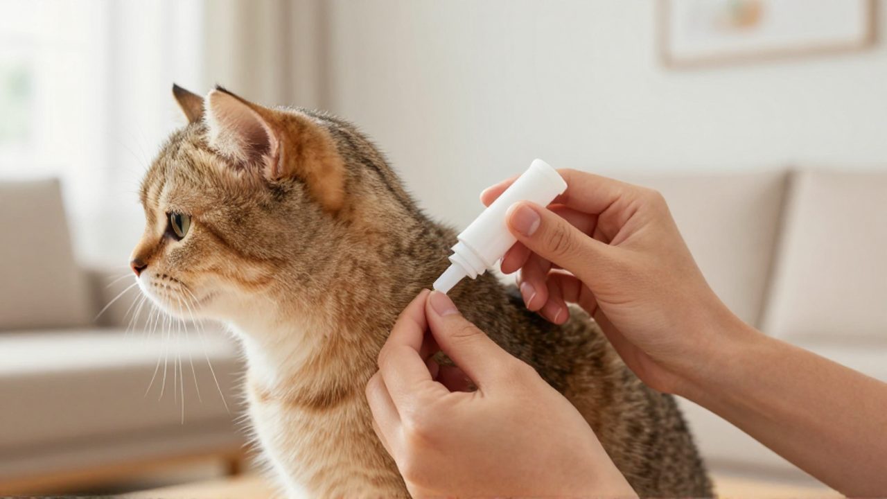 Unas manos aplican con cuidado un pipeteado de tratamiento medicinal en la piel de un gato en la zona del cuello.