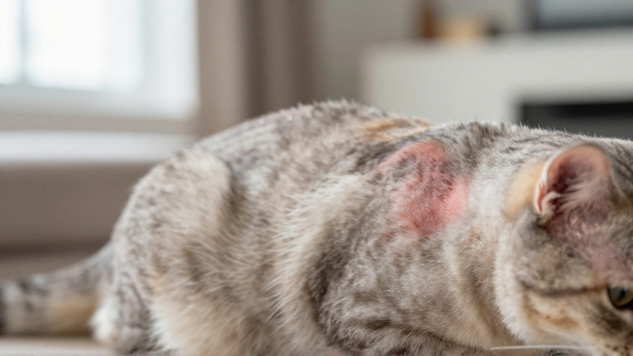Primer plano del pelaje de un gato atigrado que muestra una zona de la piel ligeramente enrojecida para indicar una posible irritación.