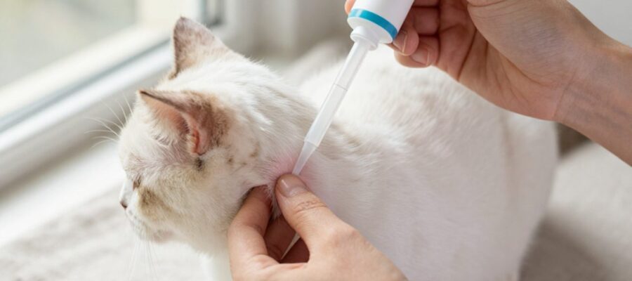 Manos aplicando una pipeta con medicamento en la base del cuello de un gato tranquilo.
