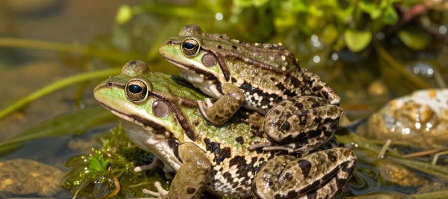 Dos ranas realizan el ritual de apareamiento en un estanque rodeadas de plantas acuáticas y piedras.