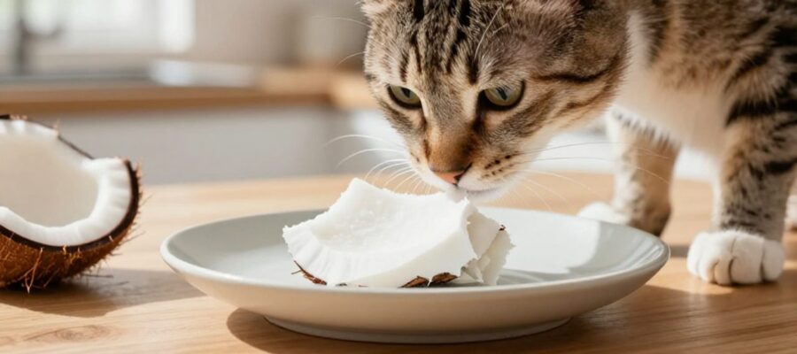 Un gato atigrado olisquea un trozo de pulpa de coco sobre un plato en una cocina iluminada.