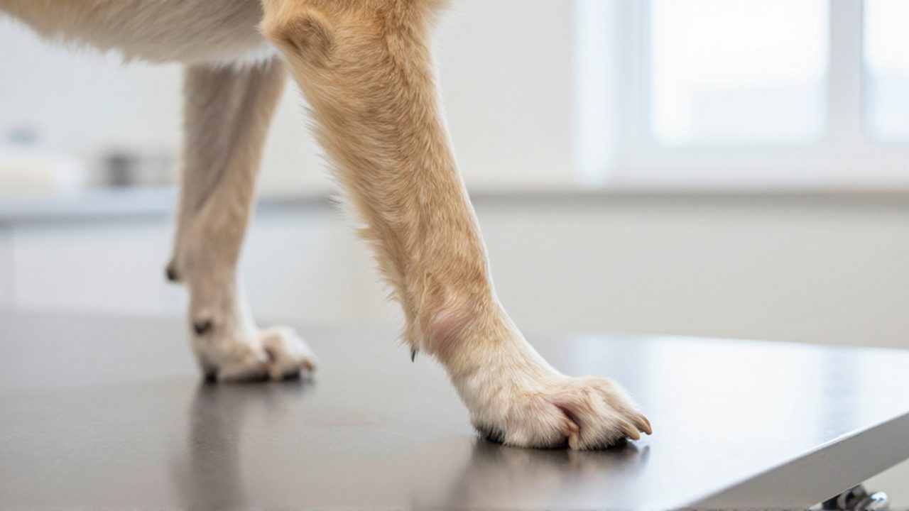 Primer plano de la pata de un perro con signos de hinchazón por edema, sobre una mesa de examen veterinaria.