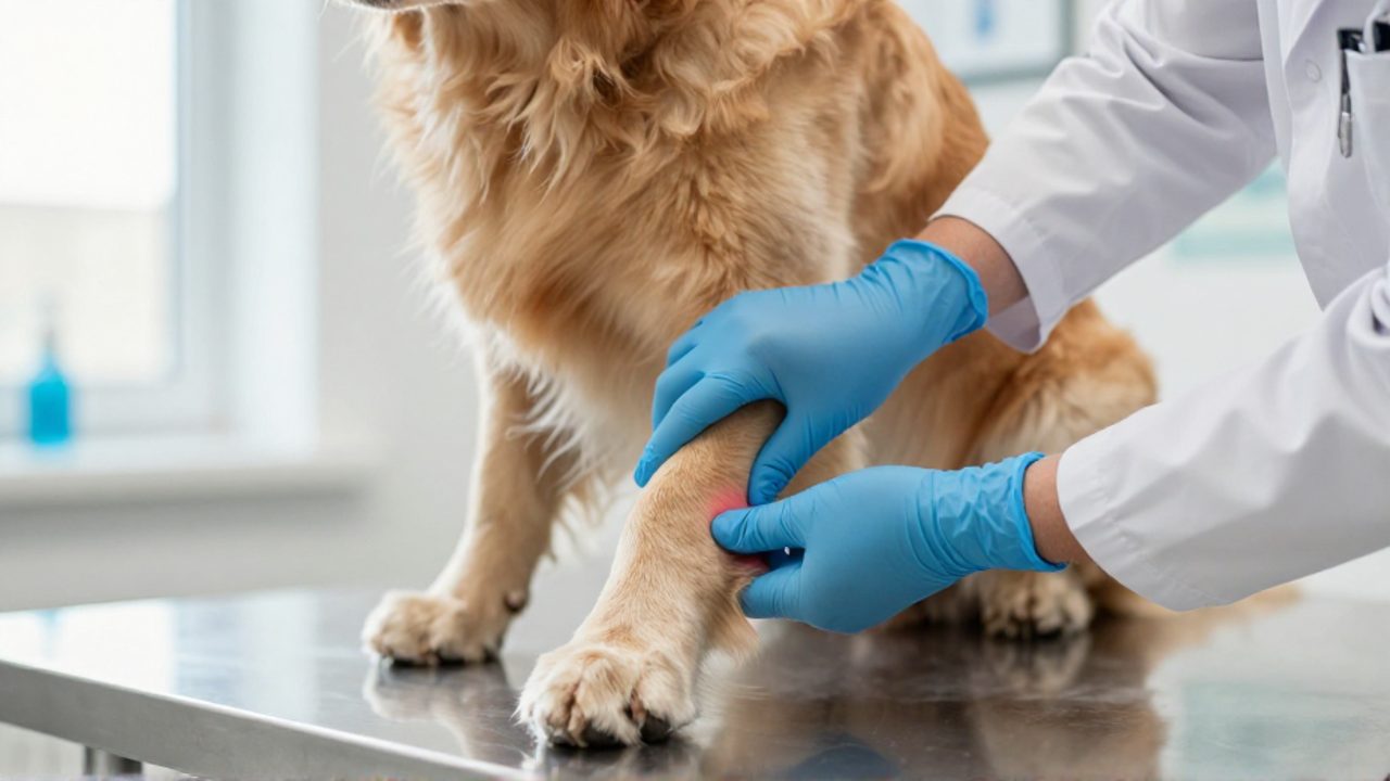 Un veterinario con guantes azules palpa la pata delantera hinchada de un perro golden retriever sobre una mesa de examen.