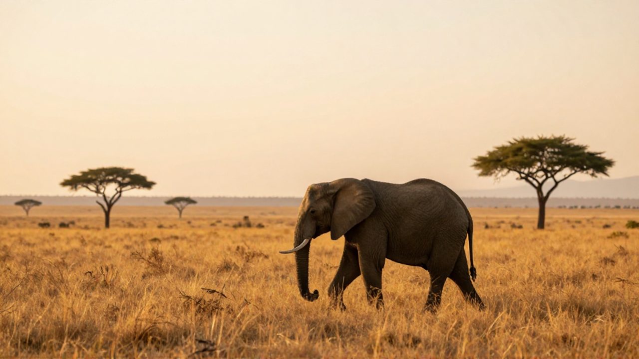 Un elefante africano camina por la sabana entre pastizales altos y árboles de acacia bajo la luz del atardecer.