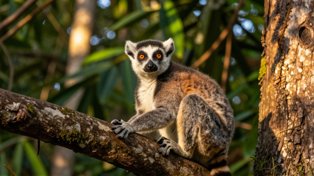 Lémur de cola anillada posado en la rama de un árbol Baobab en el bosque seco de Madagascar.
