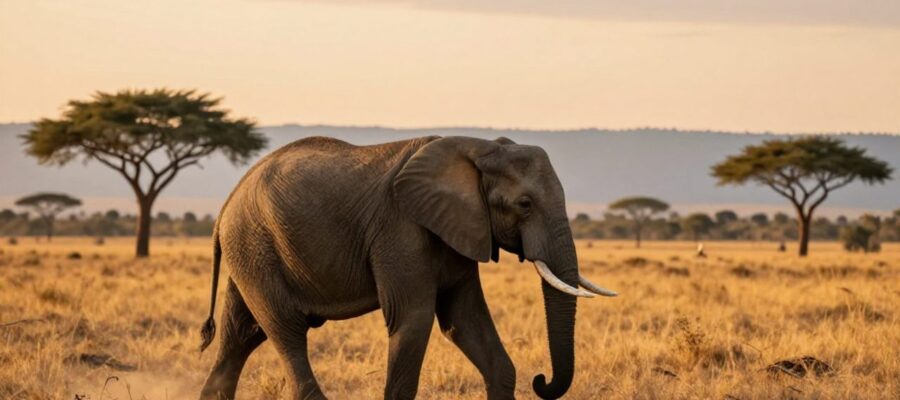 Un elefante africano camina por una sabana de hierba dorada y acacias bajo la luz del atardecer.