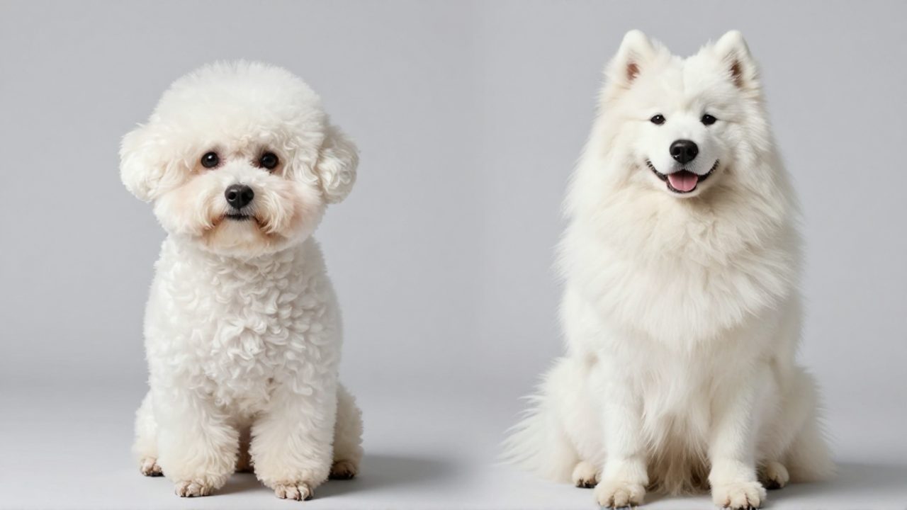Un pequeño Bichón Frisé blanco y un Samoyedo de tamaño medio posan juntos sobre un fondo neutro para comparar su tamaño y textura de pelaje.