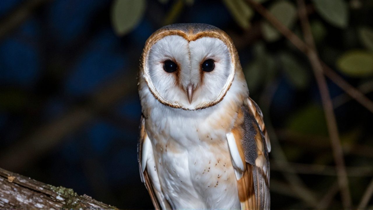Primer plano de una lechuza blanca posada en una rama de madera, resaltando su disco facial en forma de corazón y su mirada de concentración en un entorno nocturno.