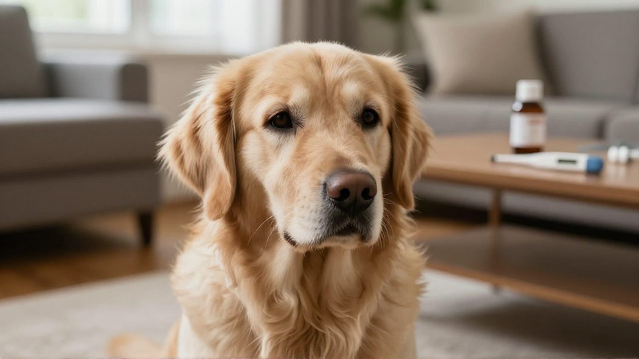 Un perro Golden Retriever con expresión decaída y mirada apagada sentado en el suelo de una vivienda, con un termómetro y medicación desenfocados al fondo.