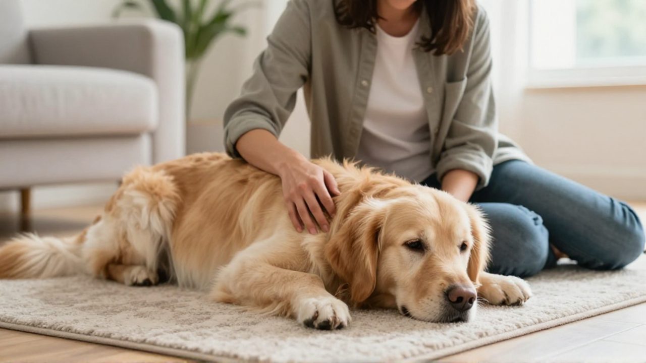 Una persona observa con atención a su perro Golden Retriever mientras descansa sobre una alfombra en una sala luminosa.