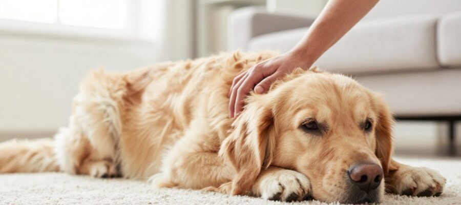 Mano de una persona acaricia con cuidado a un perro Golden Retriever que descansa decaído sobre una alfombra en una sala de estar.