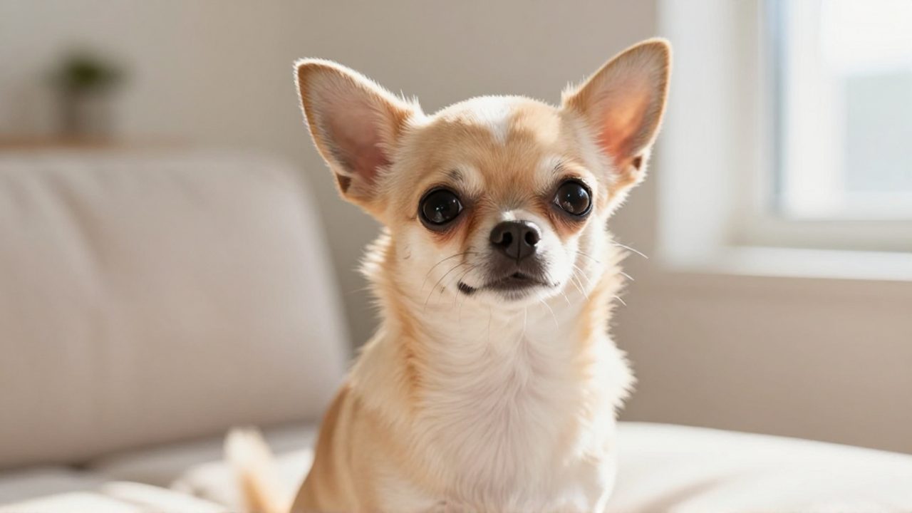 Perro chihuahua con expresión alerta y vivaz sentado sobre una superficie de tela clara en un ambiente iluminado.
