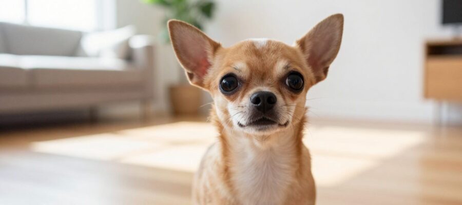 Perro chihuahua de pelo corto sentado con curiosidad sobre un suelo de madera en una sala luminosa.