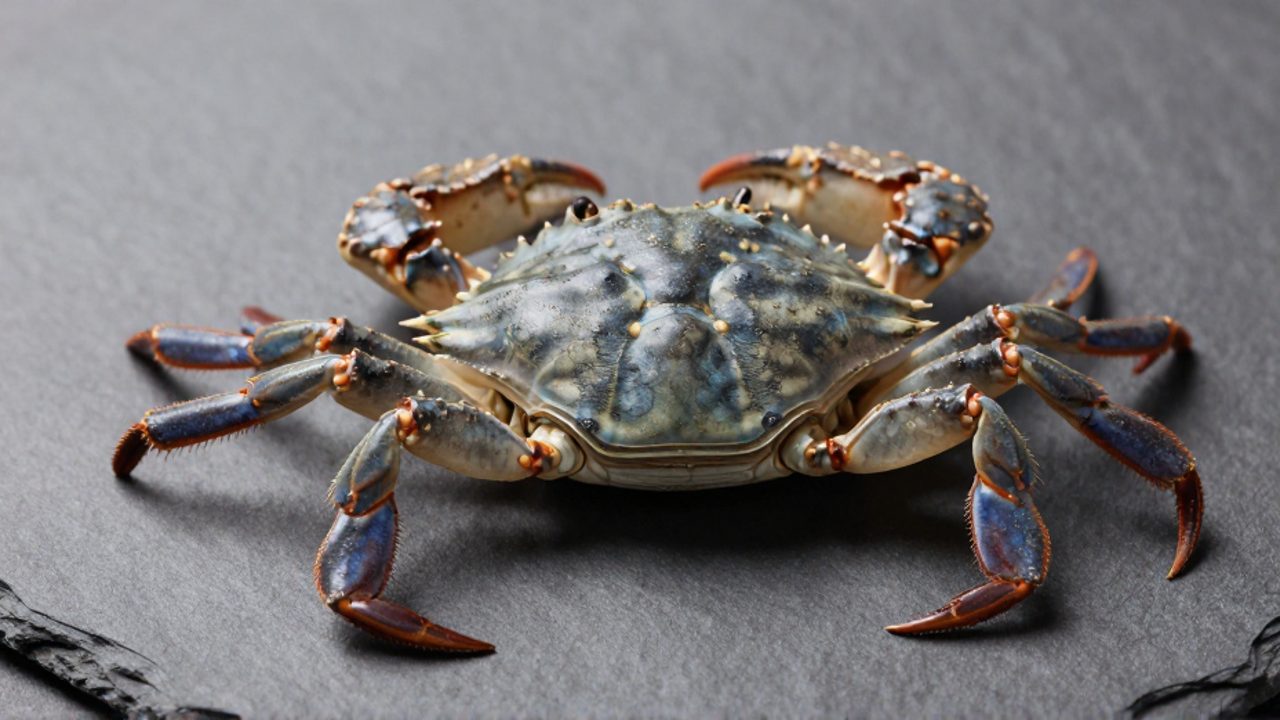 Cangrejo azul de perfil que muestra la textura de su caparazón y la articulación de sus patas sobre un fondo neutro.