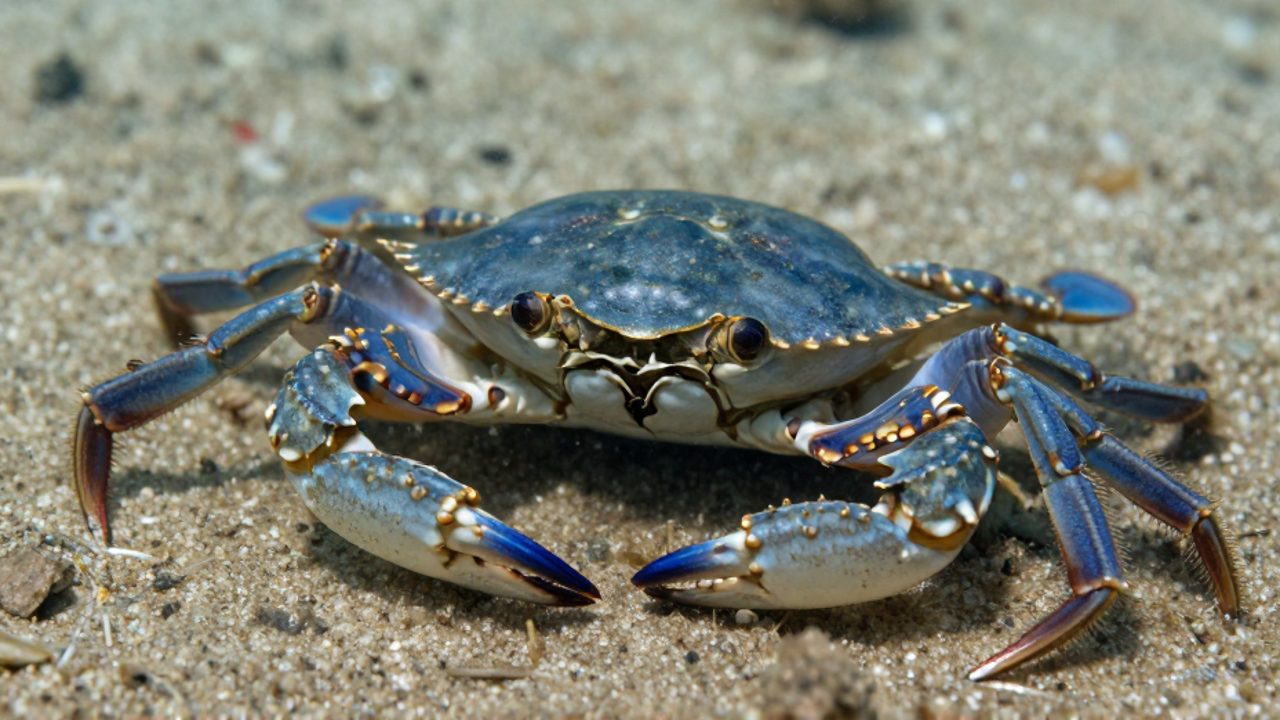 Primer plano de un cangrejo azul sobre el fondo marino que resalta la estructura de su exoesqueleto y sus articulaciones.