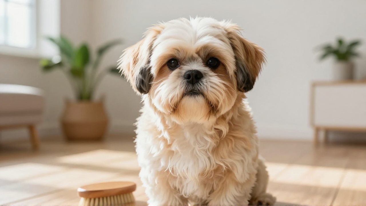 Un perro Shih-poo de pelaje crema y albaricoque es cepillado con un peine de madera en un entorno doméstico luminoso.