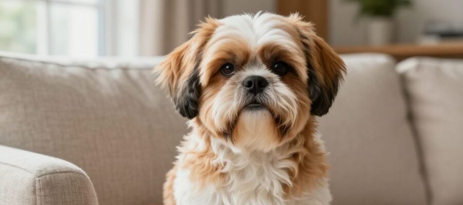 Perro Shih-poo de pelaje blanco y color albaricoque sentado tranquilamente en un sofá de una sala de estar iluminada.