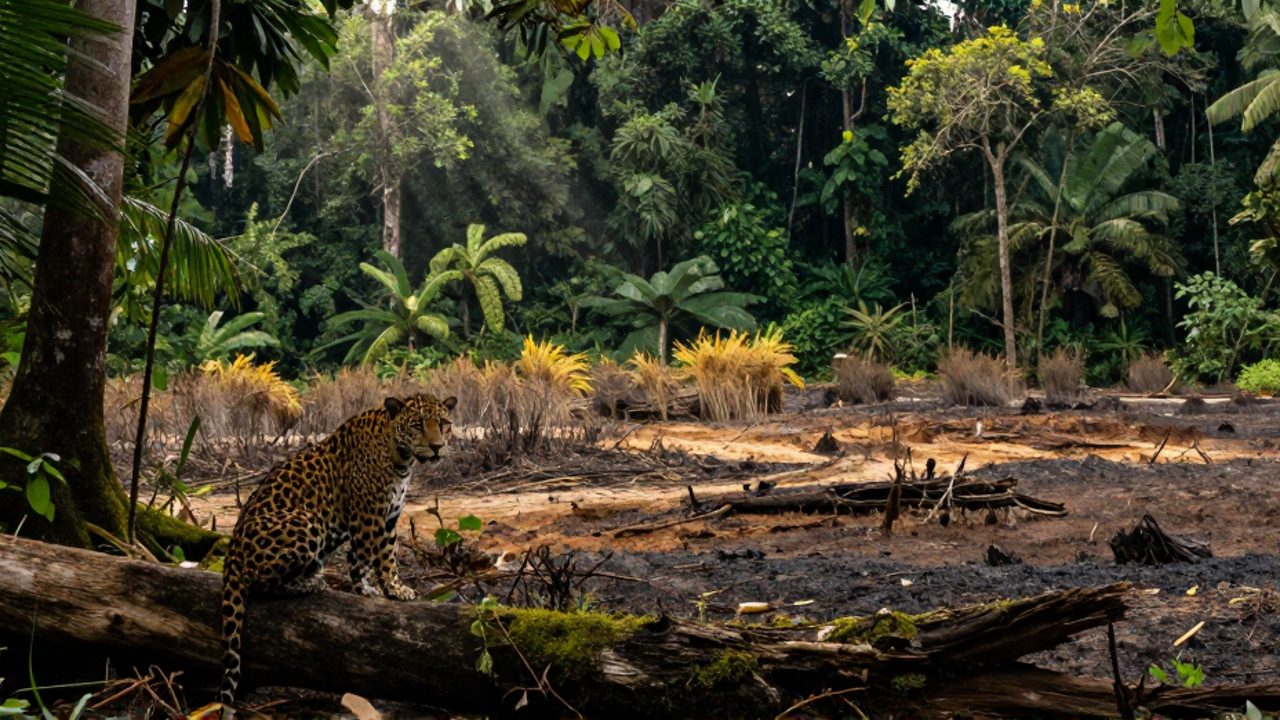 Un jaguar observa con cautela desde un tronco en una selva tropical que colinda con una zona de terreno deforestado y seco.