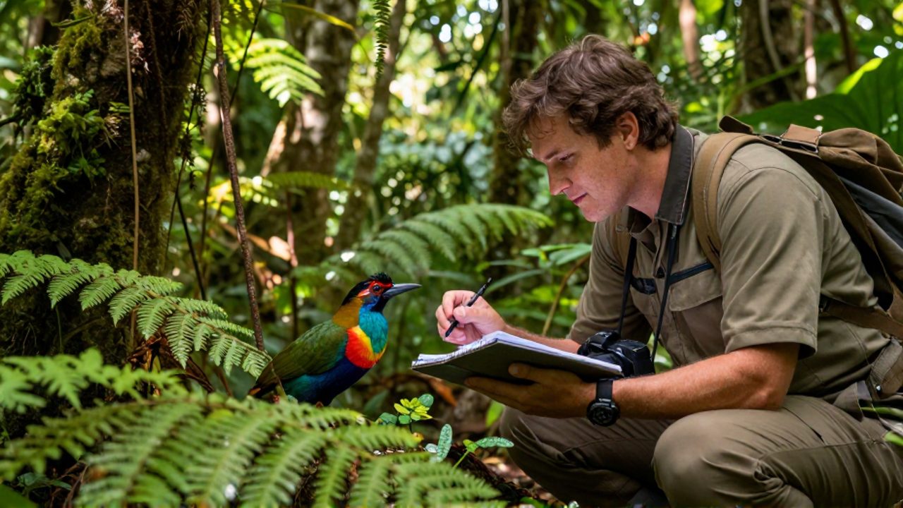 Un biólogo agachado en una selva tropical documenta la fauna silvestre en un cuaderno para su estudio y conservación.