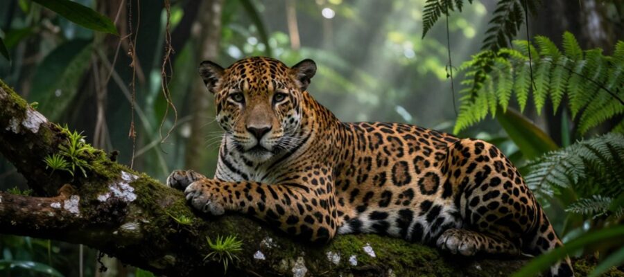 Un jaguar descansa sobre la rama de un árbol cubierto de musgo en medio de una selva tropical densa.