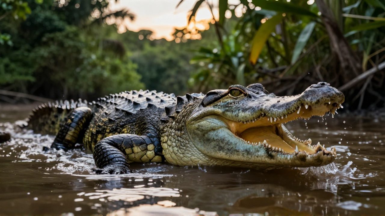 Cocodrilo de agua salada lanzándose a través de un río poco profundo en un entorno tropical.