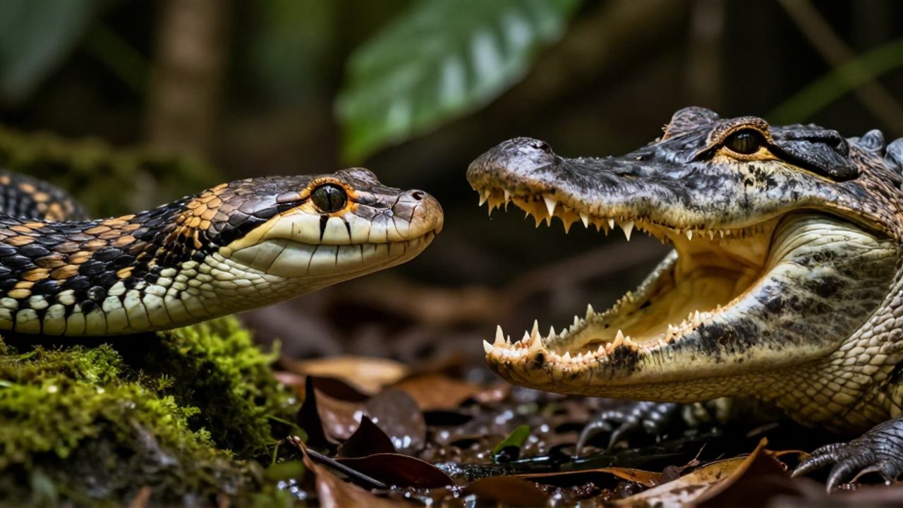 Comparativa entre la cabeza de una víbora venenosa con sus fosetas térmicas y la mandíbula robusta de un caimán en un entorno de selva tropical.