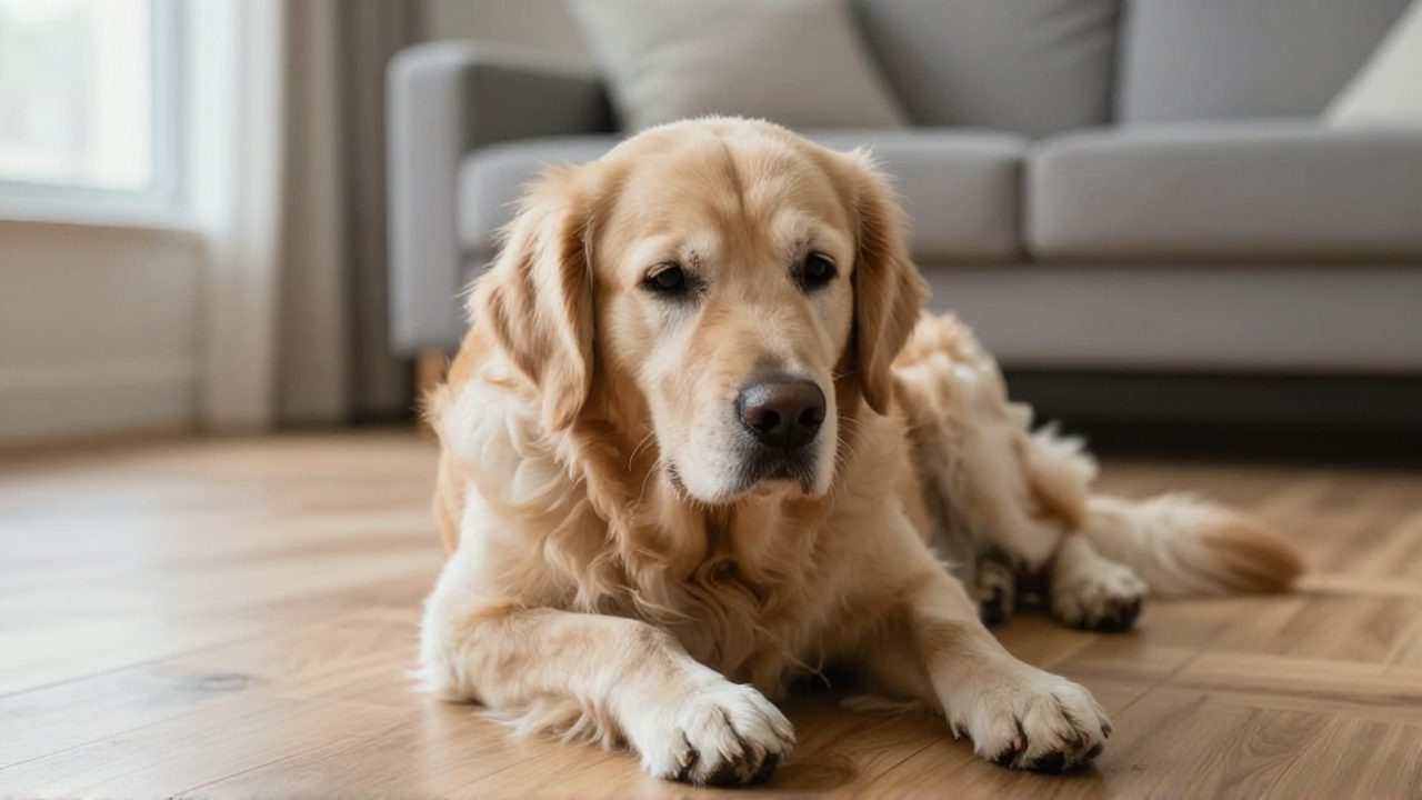 Un perro Golden Retriever tumbado en el suelo de una casa con expresión de malestar y cansancio.