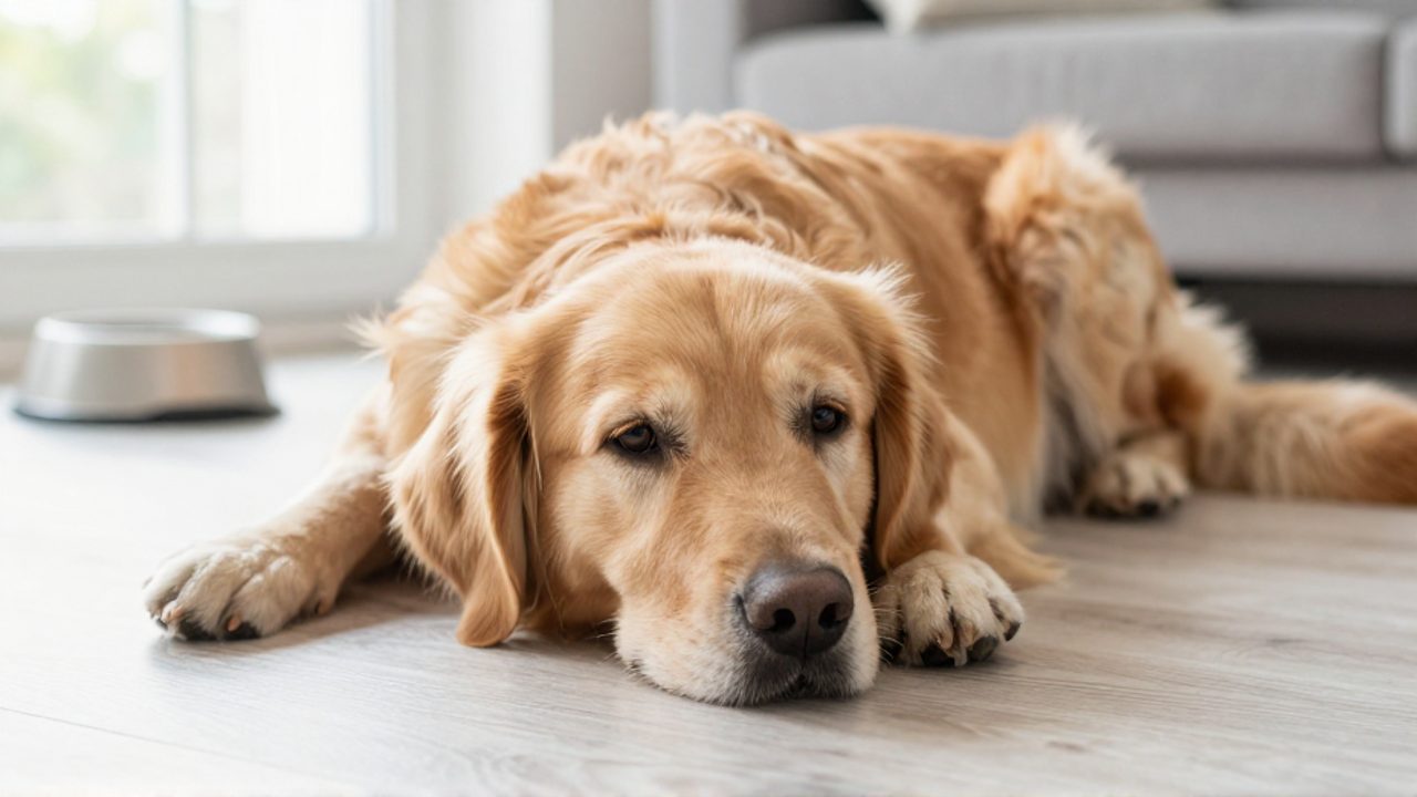 Un perro Golden Retriever descansa tranquilo sobre un suelo de madera en una sala iluminada, transmitiendo una sensación de recuperación y calma.
