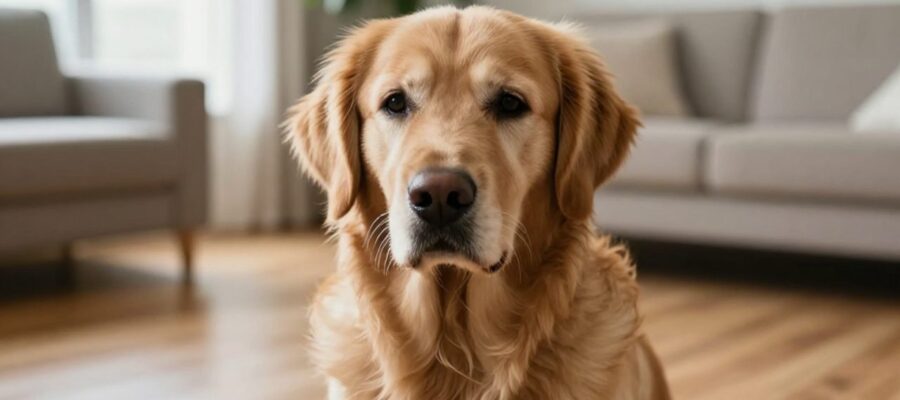 Un perro Golden Retriever con expresión de decaimiento y malestar sentado en el suelo de una sala.