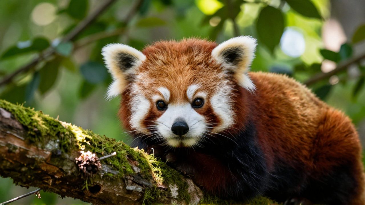 Un panda rojo con expresión tierna descansa sobre la rama de un árbol en un bosque iluminado por el sol.