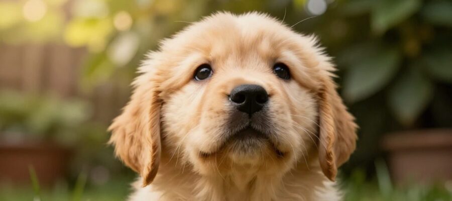 Primer plano de un cachorro de golden retriever con ojos grandes y expresivos que mira hacia arriba en un jardín soleado.