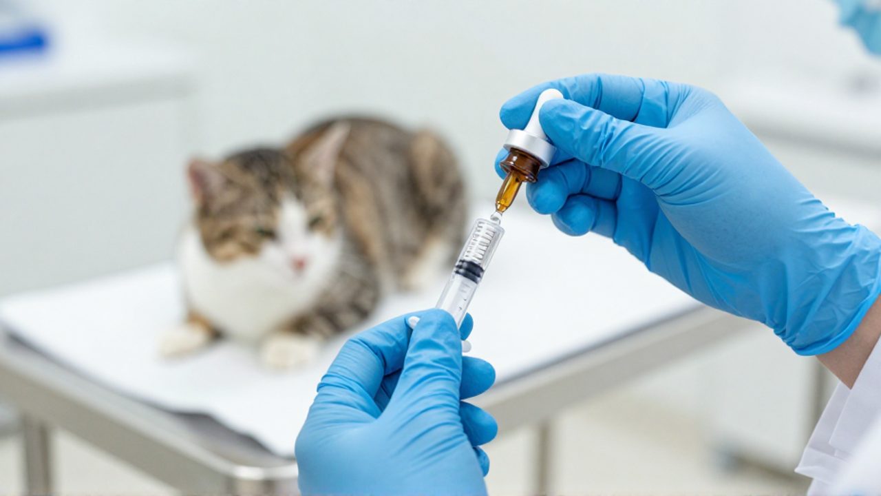 Un veterinario con guantes azules dosifica con precisión un medicamento líquido en una jeringa oral junto a un gato que descansa sobre una mesa de examen.