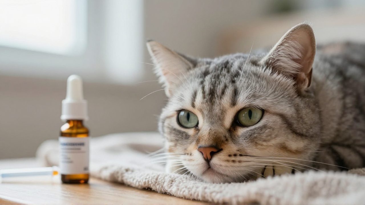Gato doméstico con mirada decaída reposando sobre una manta junto a un frasco de medicación y un gotero en un entorno hogareño.