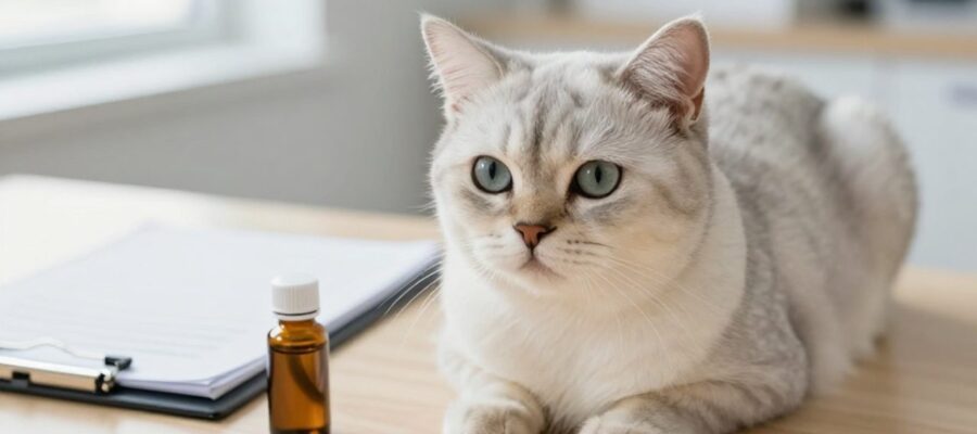 Gato sentado en una clínica veterinaria junto a un cuaderno de notas y un frasco de medicamento.