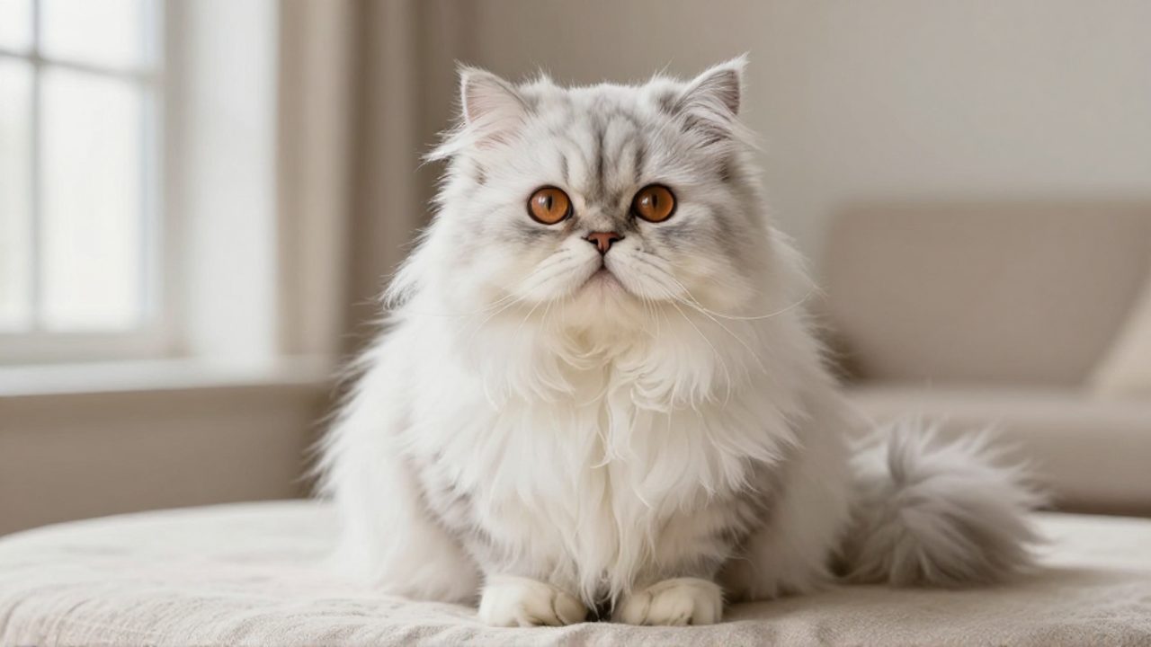 Primer plano de un gato persa de pelaje blanco y plateado con rostro chato y ojos color cobre, sentado en un entorno luminoso y minimalista.