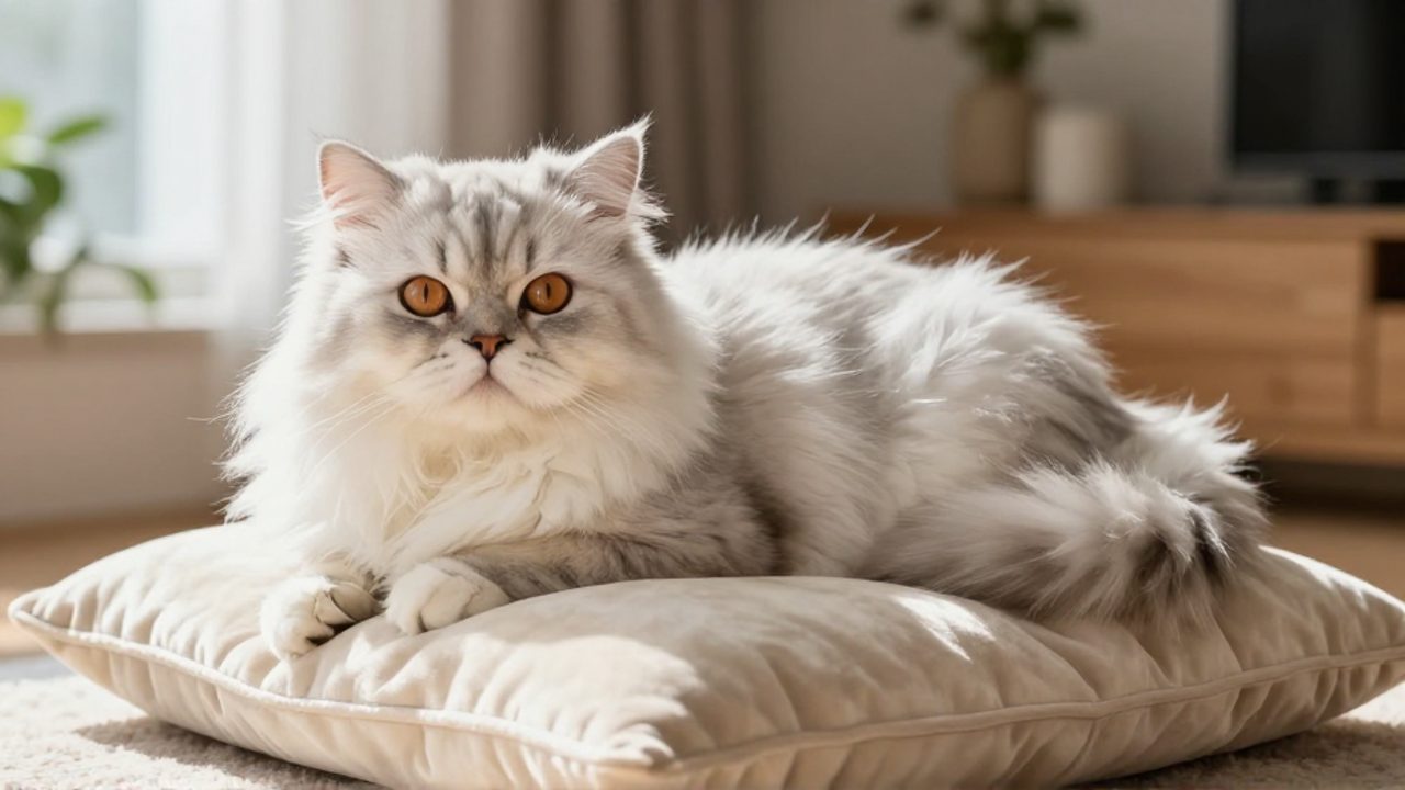 Gato persa de pelaje blanco y plateado con ojos cobrizos descansando tranquilamente sobre un cojín de terciopelo en una sala iluminada por el sol.