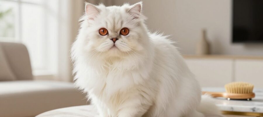 Gato persa de pelaje blanco y ojos cobrizos sentado sobre un cojín en una sala luminosa.