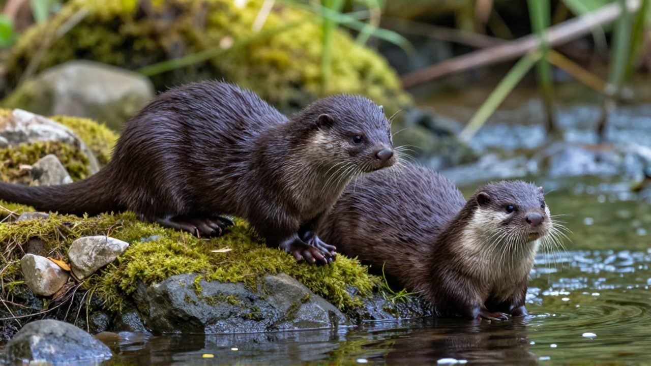 Un visón de pelaje oscuro y una nutria pequeña se encuentran junto a la orilla de un río sobre piedras con musgo.