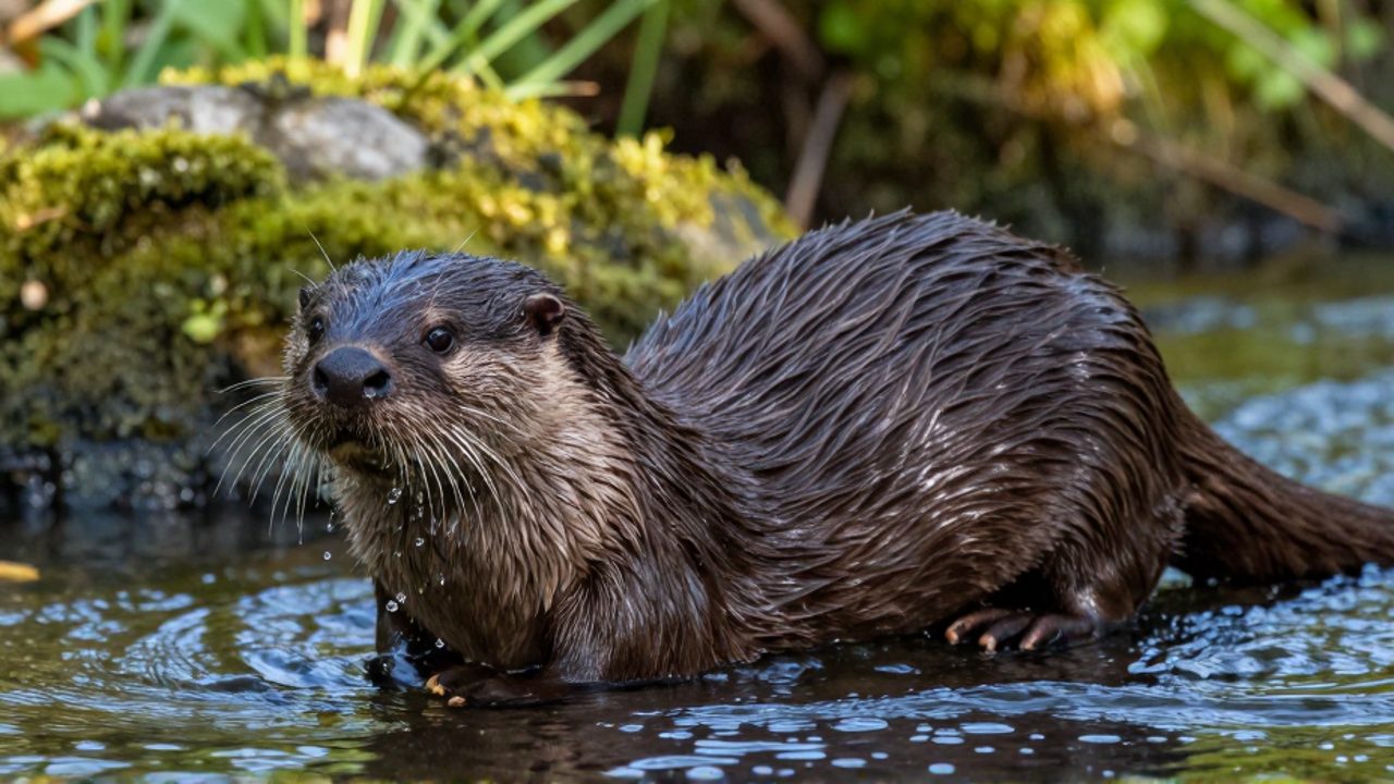 Una nutria de río norteamericana emerge de un arroyo mostrando su pelaje marrón oscuro y húmedo entre la vegetación de la orilla.