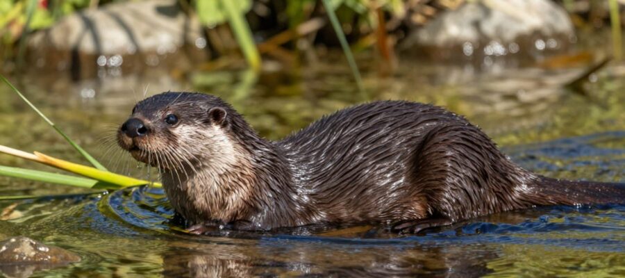Una nutria de río de Norteamérica nada a través de aguas cristalinas y juncos en un entorno natural iluminado por el sol.