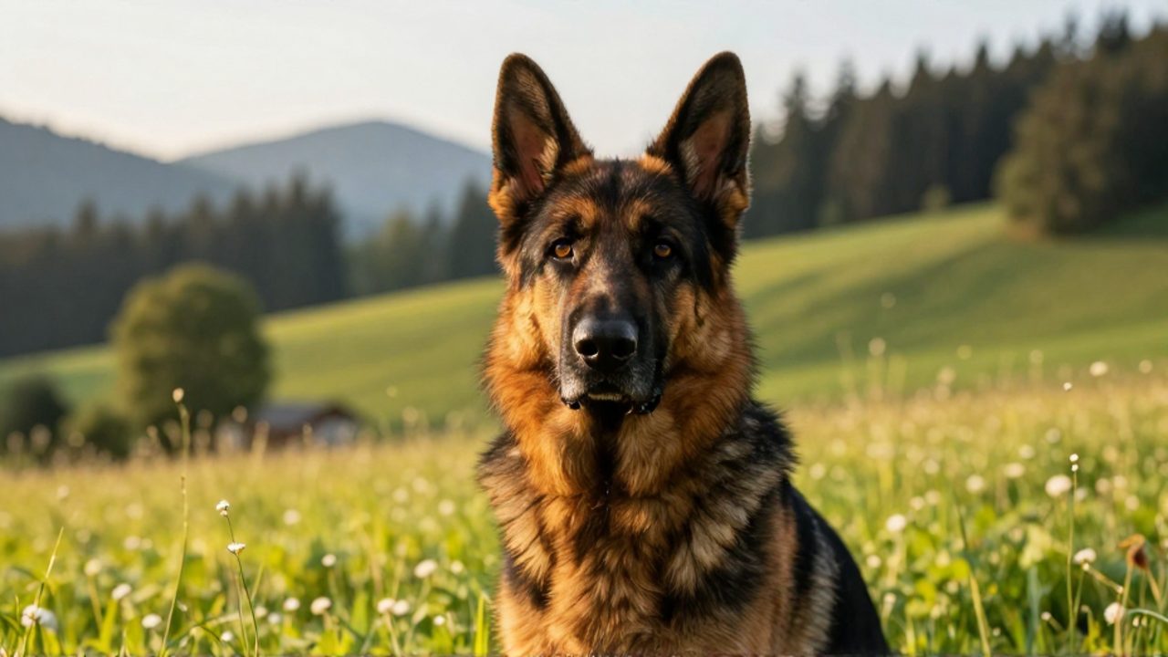 Una hembra de pastor alemán con mirada atenta sentada en un prado soleado con colinas y bosques de fondo.
