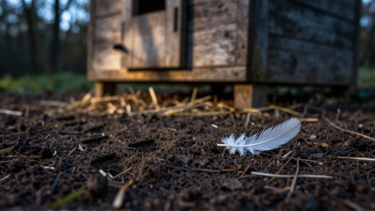 Huellas de un animal y una pluma blanca sobre la tierra húmeda junto a la base de un gallinero de madera.