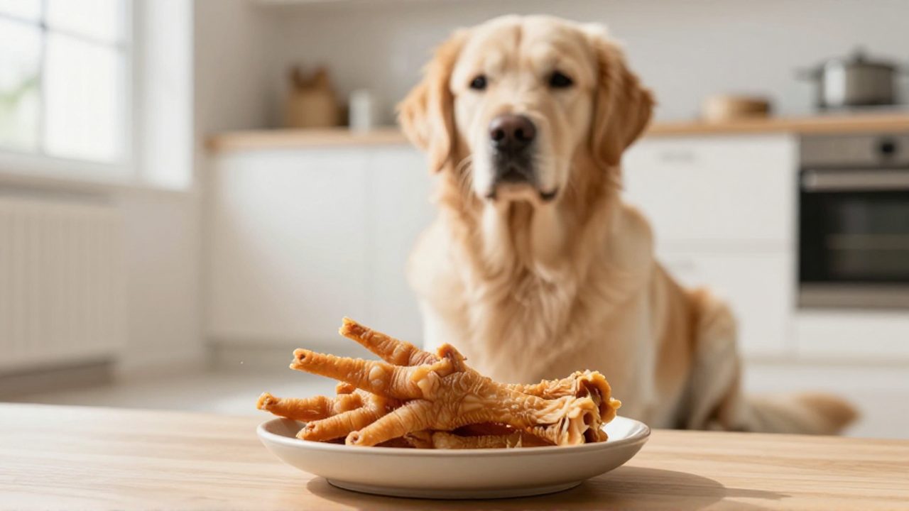 Un perro Golden Retriever observa con atención un cuenco de cerámica que contiene patas de pollo deshidratadas sobre el suelo de una cocina.