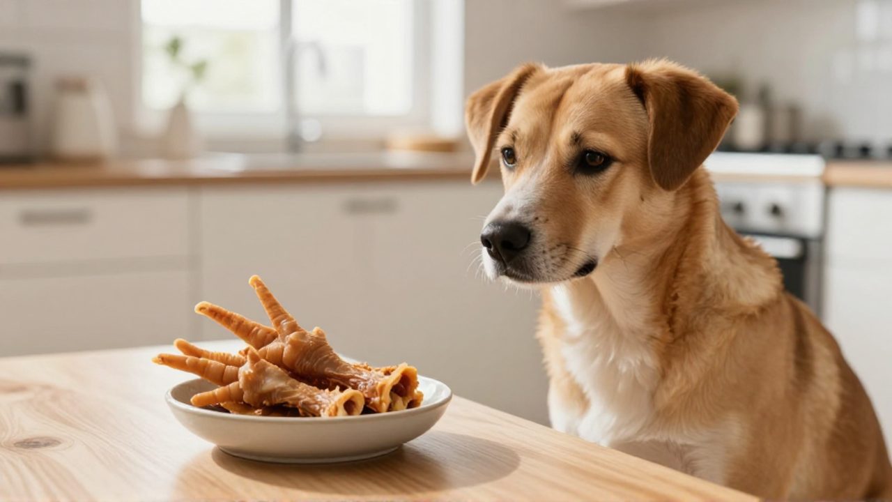 Un perro de tamaño mediano mira con atención un cuenco de cerámica con patas de pollo deshidratadas sobre una encimera de cocina.