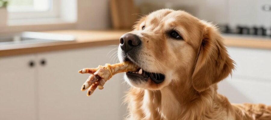 Un perro Golden Retriever recibe con entusiasmo una pata de pollo deshidratada como premio en una cocina iluminada.