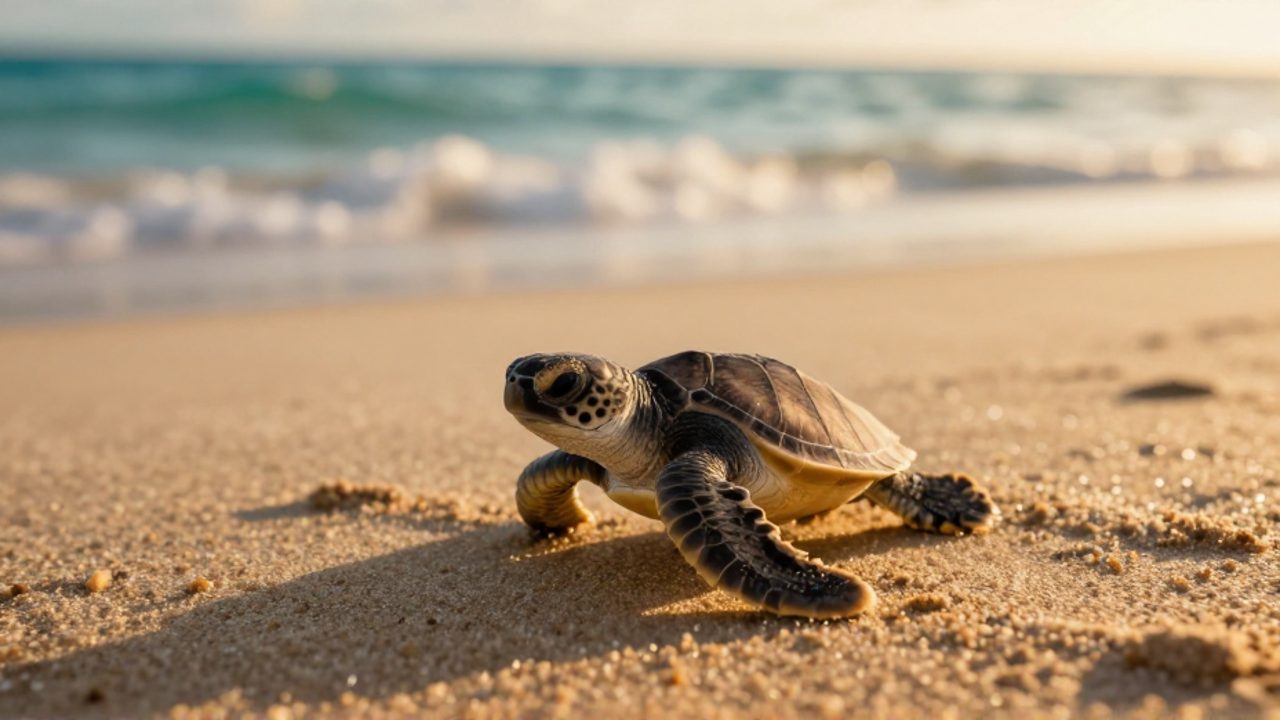 Una cría de tortuga marina avanza por la arena hacia el mar durante el atardecer.
