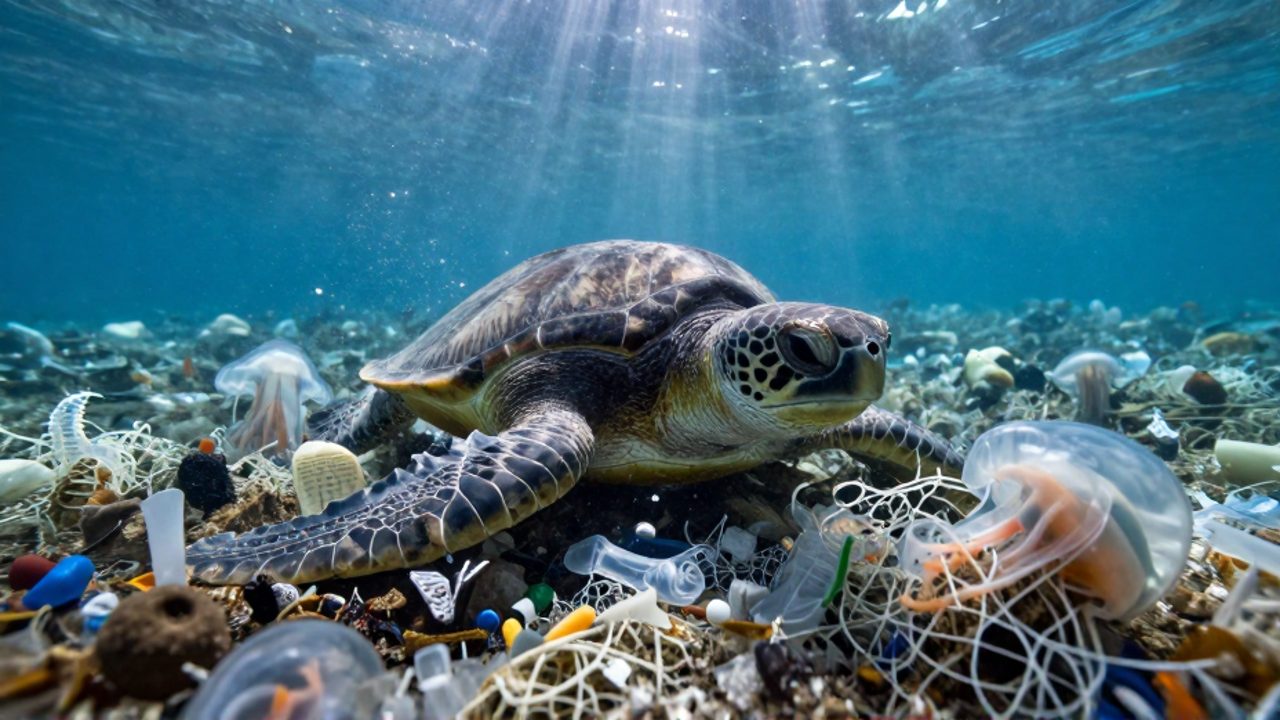 Una tortuga marina nada con dificultad entre una gran acumulación de plásticos y redes de pesca desechadas en el océano.